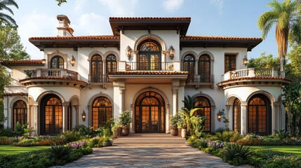 Fototapeta premium A 3D model of a Mediterranean-style home with stucco walls, detailed arches, and terracotta roof tiles
