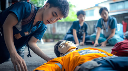 Obraz premium Participant learning how to first aid by doing with mannequin .