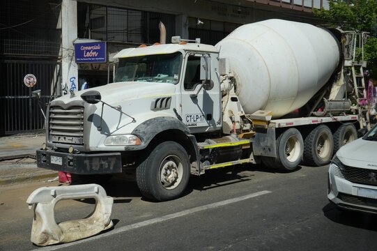 Mack Cement mixer working on the street. Valpara&iacute;so, Chile, October 17, 2023. 