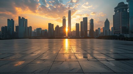 Empty square floor with city skyline background, Smart City Infrastructure development, dawn