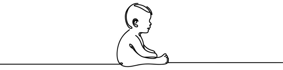 One continuous line illustration of a baby, isolated on white background. Line art of baby