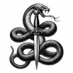 Snake Coiled Around Dagger, hand sketch engraving.