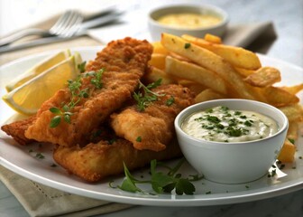 Fototapeta premium Crispy Golden Fried Fish with Lemon Tartar Sauce on White Background - Delicious Seafood Dish, Gourmet Cuisine, Healthy Eating, Fresh Ingredients, Appetizing Meal, Crispy Texture, Culinary Delight