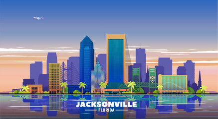 Jacksonville, Florida skyline with a city panorama against the backdrop of the evening sky. Vector illustration.  Business travel and tourism concept with modern buildings. 
