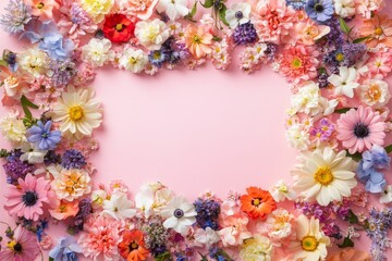 Floral composition. A floral frame on a pastel pink background.