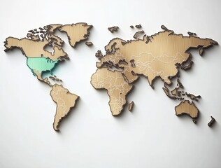 Detailed World Map in Natural Wood Texture with Emphasis on Central America and USA, Perfect for Educational Materials and Global Awareness Campaigns