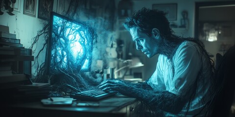 Fototapeta premium During a quiet evening, a person types intently on their keyboard, their body merging with the digital world as vines weave mysteriously around them