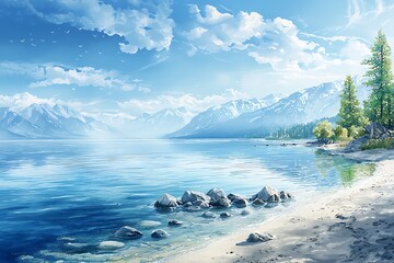 Serene Lakeside Vista Tranquil Watercolor Painting of Mountain Lake and Sandy Shore.