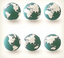 Five Globes Displaying World Map with Green Ocean and White Landmass, Ideal for Global Education, Geography, Travel, and Environmental Themes in Visual Media