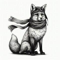 Obraz premium Fox in Pilot Goggles and Scarf, hand sketch engraving.