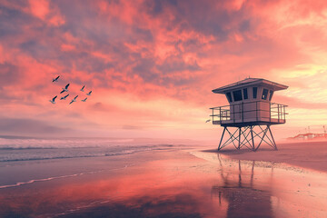 Lifeguard tower and seagulls on Coronado beach