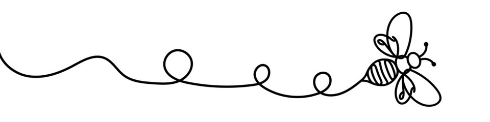 One continuous line illustration of a bee, isolated on white background. Line art of bee