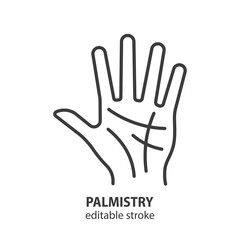 Palmistry line icon. Hand with lines symbol. Palm reading. Editable stroke. Vector illustration.