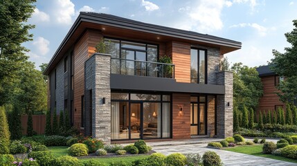 Fototapeta premium A 3D render of a detailed contemporary urban home with clean lines, a balcony, and minimalistic finishes.