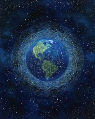 Obraz premium Stunning Visual of Earth Surrounded by Cosmic Patterns and Starlit Background, Perfect for Themes of Space, Technology, and Global Connectivity