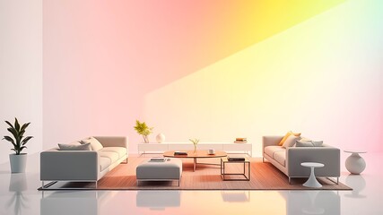 Naklejka premium A Minimalist Living Room Decor Featuring Two Sofas, A Round Coffee Table, And An Area Rug Against A Gradient Wall