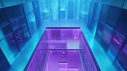 Obraz premium High-Angle Top-Down View of a Cyberpunk-Inspired Abstract Architectural Space Featuring Neon Purple and Blue Lights, Ideal for 3D Product Display in a Minimalistic Futuristic City Skyline Background, 