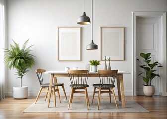 Elegant Blank Picture Frame Mockup in Modern Scandinavian Dining Room with White Walls and Stylish Chair, Perfect for Artwork, Painting, or Poster Display