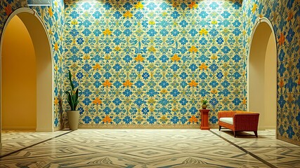 A whimsical interior design featuring a patterned wall, arched doorways, a single piece of furniture, and a small houseplant.