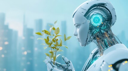 Futuristic robot holding a small green plant against a modern cityscape, symbolizing technology and environmental responsibility.