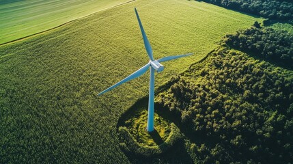 Scenic Aerial View of Wind Turbine in Lush Green Field