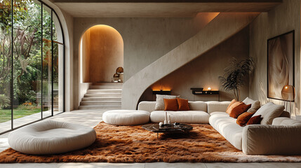 Serene Modern Living Room: Luxurious contemporary interior design showcasing a spacious living area with curved staircase, large windows, plush seating, and earthy tones.  