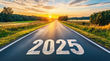  Road with written 2025 at sunset representing the future and success of the new year