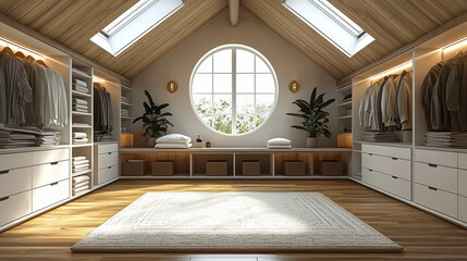 Modern Walk-in Closet with Circular Window 