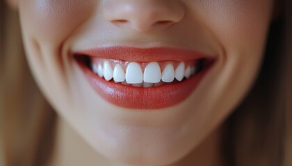 A close-up of a woman's smiling face, showcasing her bright white teeth and vibrant lipstick, exuding happiness and confidence.