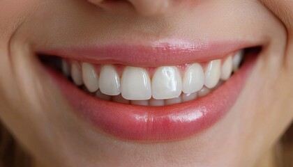 Obraz premium A close-up of a smiling woman showcasing bright, white teeth and a healthy, radiant smile.