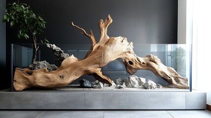 Modern minimalist aquarium with large driftwood centerpiece, grey rocks, and small plant.