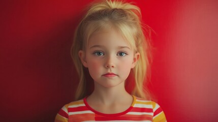 A young girl with blonde hair stands against a vibrant red background, wearing a striped shirt, displaying a serious expression.
