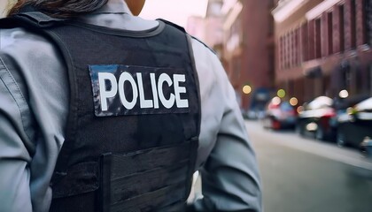 Back view of a police officer in uniform walking down a city street, with 'POLICE' written on the vest.