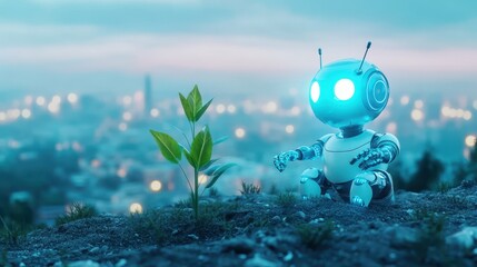 Small cute robot with a sprouting plant in soil, set against a dreamy, blurred city backdrop, representing environmental care and future technology.