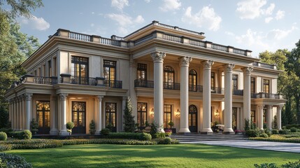 A 3D render of a luxury countryside manor with detailed columns, large lawn, and classic architecture, placed on a white background.