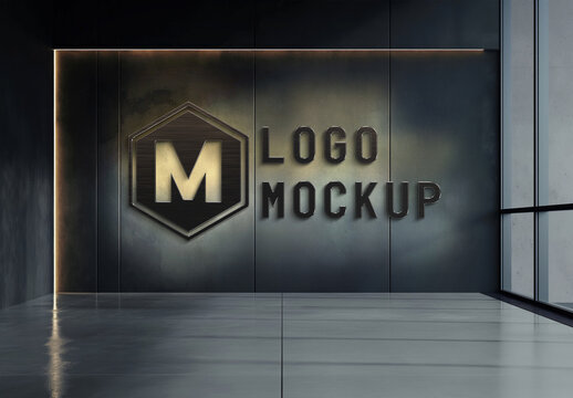 Glowing Logo Mockup On Black Office Wall. Generative Ai