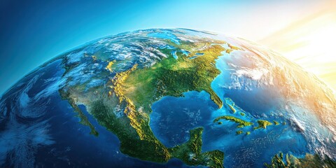 Fototapeta premium Stunning View of Earth from Space Capturing North America and Surrounding Oceans in Bright Natural Light with Vibrant Colors and Textures of Land and Water