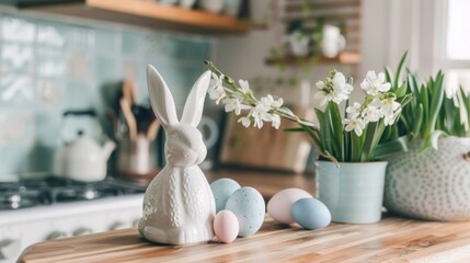photograph of minimal easter decor in the kitchen wide angle lens
