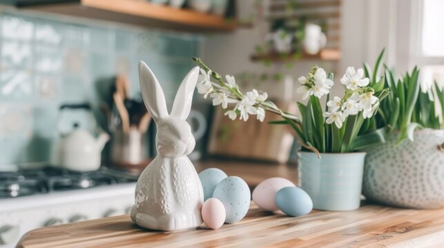 photograph of minimal easter decor in the kitchen wide angle lens