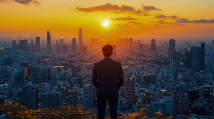 A businessperson gazing at the sunset over a bustling city skyline, symbolizing opportunity and ambition.