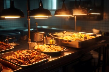A warm kitchen scene with a variety of delicious dishes under bright lights.