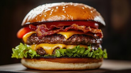 Close-up of a Double Cheeseburger with Bacon and Tomato