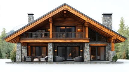 A luxury mountain chalet with stone walls, wooden beams, and a highly detailed exterior, isolated on a white background.