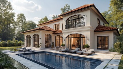 Fototapeta premium A 3D luxury villa with large outdoor spaces, detailed roof tiles, and floor-to-ceiling windows.