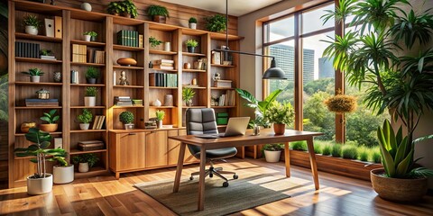 Fototapeta premium Elegant Office Space Featuring a Natural Wood Bookshelf with Stylish Decor and Inviting Atmosphere Ideal for Modern Work Environments and Fashion Photography Inspiration