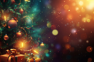 A festive holiday background featuring an illuminated Christmas tree, beautifully wrapped gifts, and charming decorations, evoking the warmth and joy of the season.