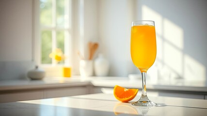 A glass of orange juice with ice, garnished with a citrus wedge, sits on a white countertop in a modern kitchen with a blurred background of a window