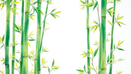 Naklejka premium Watercolor Illustration of Vibrant Green Bamboo Stalks with Delicate Leaf Sprigs on a White Background