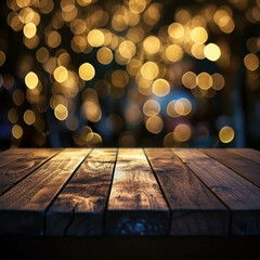 The brown wooden floor and wood surface provide a serene environment for showcasing products while the blurred bokeh and nightlight create a soft. AI generative