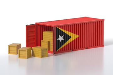 Obraz premium Cargo Container with East Timor Flag Being Unloaded with Wooden Crates on White Background